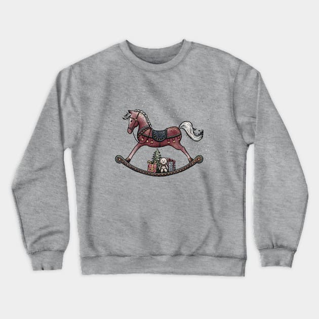 Christmas Rocking Horse illustration with cute bear, gifts and Christmas tree on a snow background. Crewneck Sweatshirt by ChrisiMM